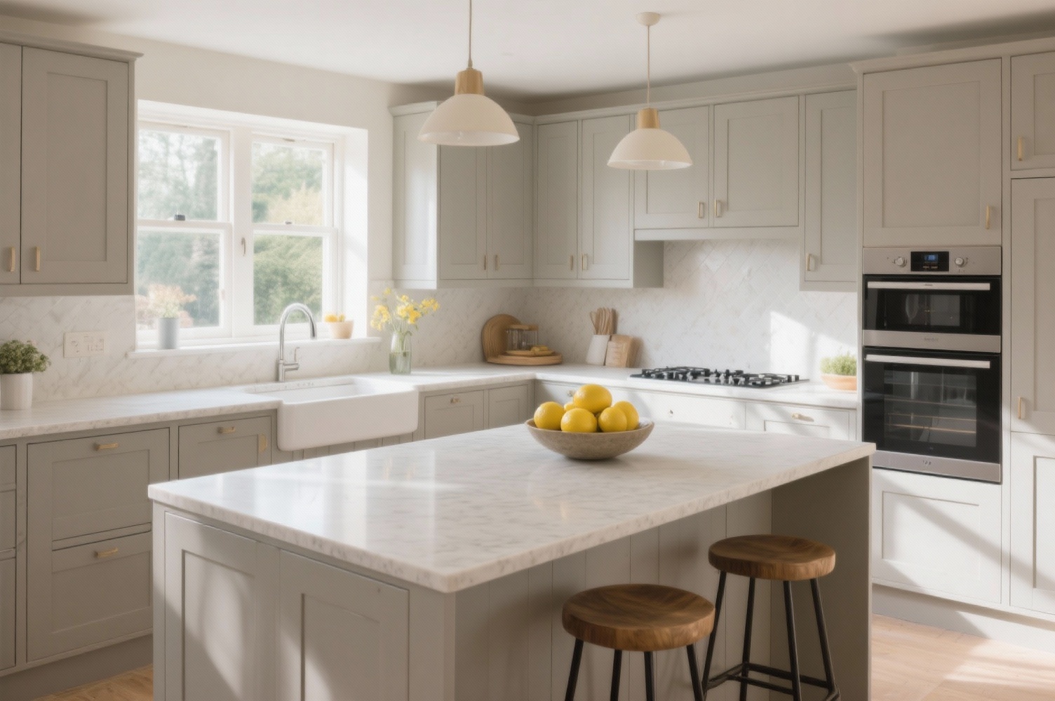Bright family kitchen with a large island in Luxora Quartz (soft white base, fine warm-grey speckles, low-sheen finish)