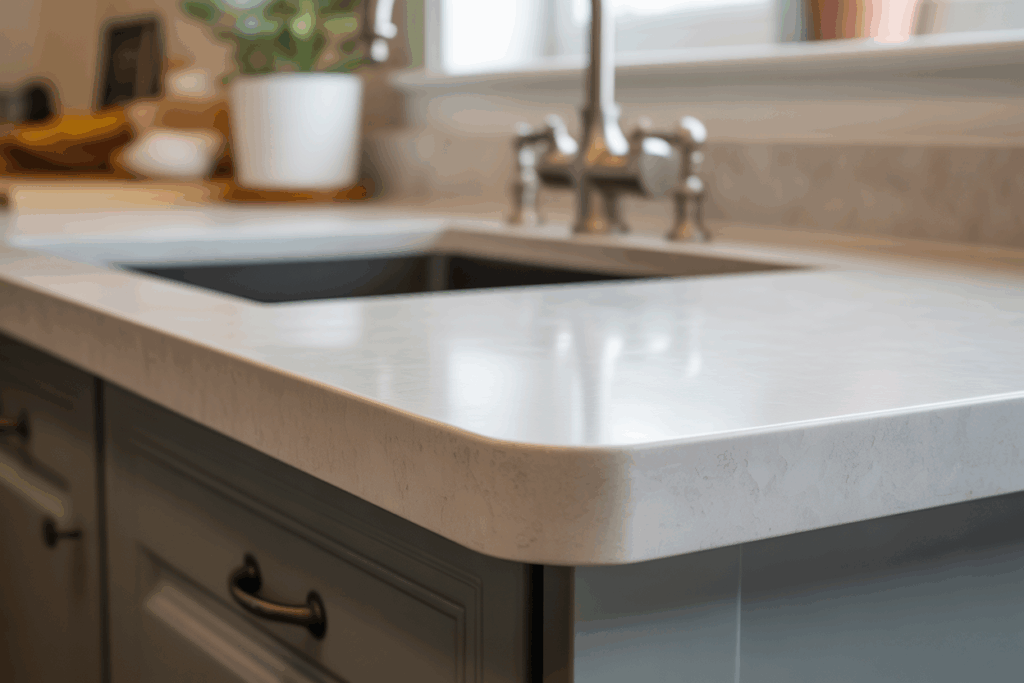 Close-up macro of Luxora Quartz countertop rounded eased edge, subtle speckling, easy-clean surface; brushed nickel tap, soft side lighting, high detail, true-to-life material render.